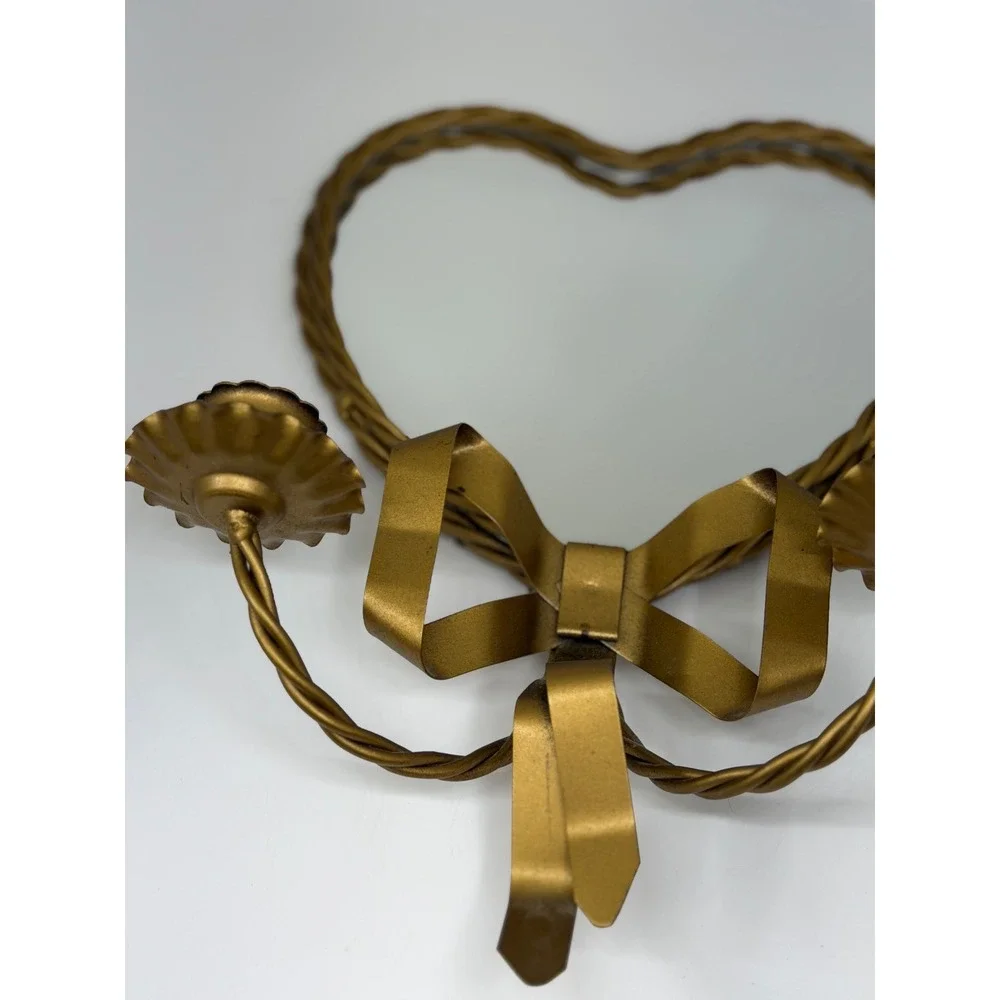 VTG Heart Mirror Candle Sconce Gold Bow Ribbon Twisted Metal‎ Hollywood Regency
